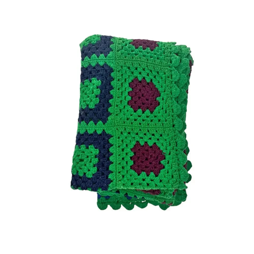 Vintage Granny Square Handmade Afghan Knitted Throw Blanket Multicolor 38”x50”